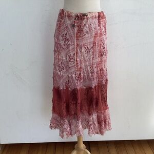 Boho Gauze Tiered Metro Wear Red and Pink Maxi Skirt L